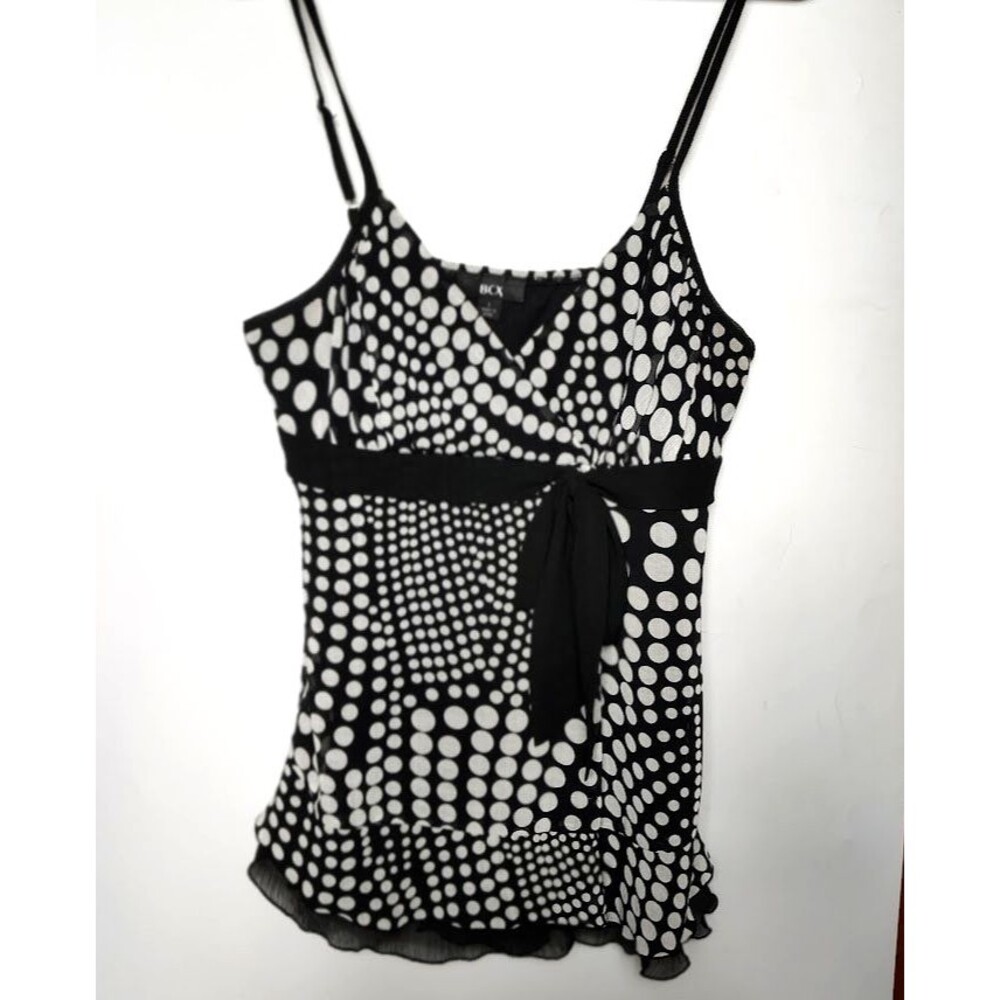 BCX Black & White Polka Dot Top L Adjustable Spaghetti Straps Lined Ruffled 34
